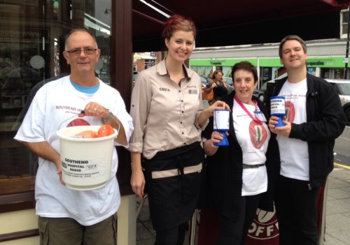 Leigh Broadway Collecting Day - Richard, Elaine and Pete with Charlotte from Costa Coffee